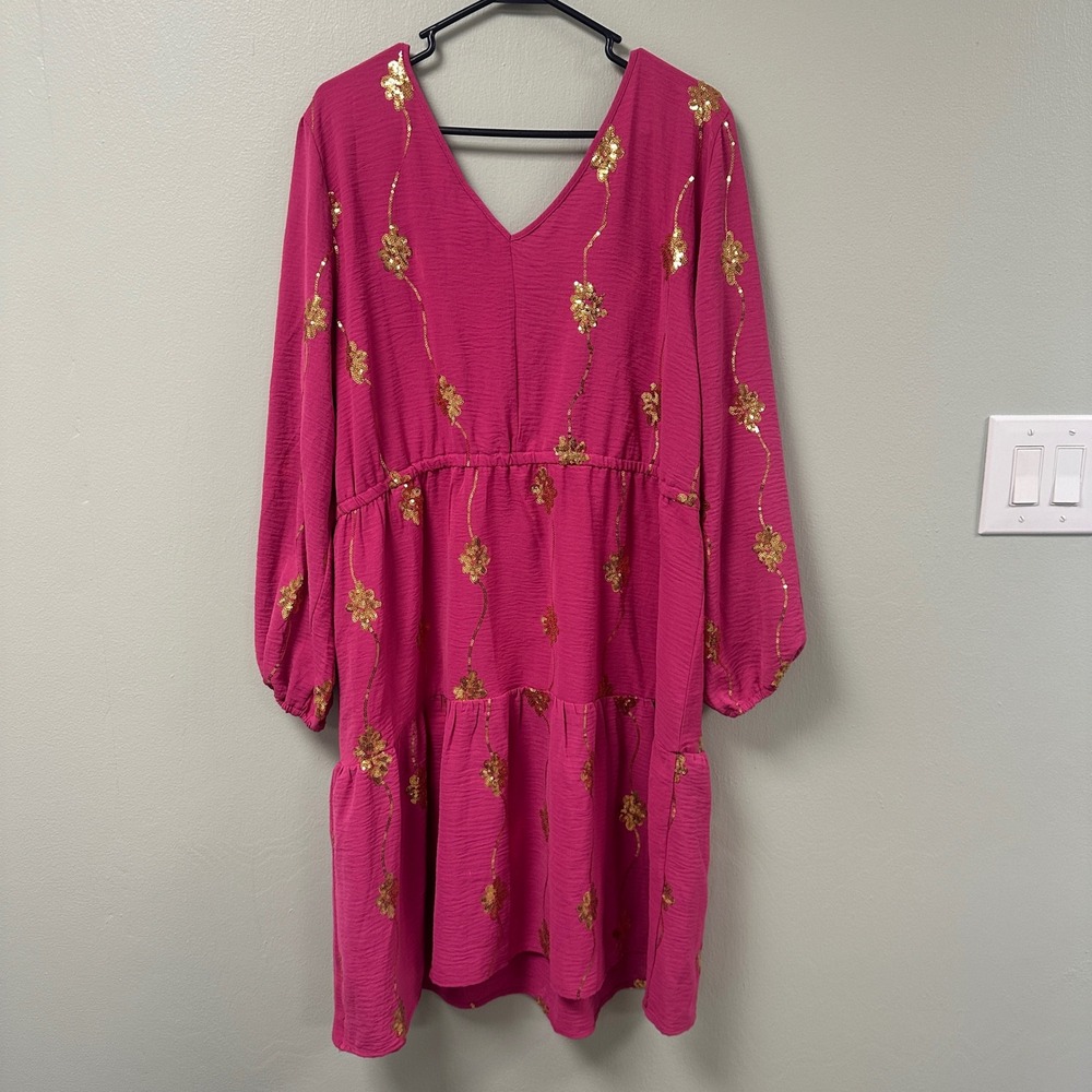 Nina Leonard Fuchsia Pink Gold Sequin Floral Tiered Dress XL NWT L0363BF - Picture 6 of 6